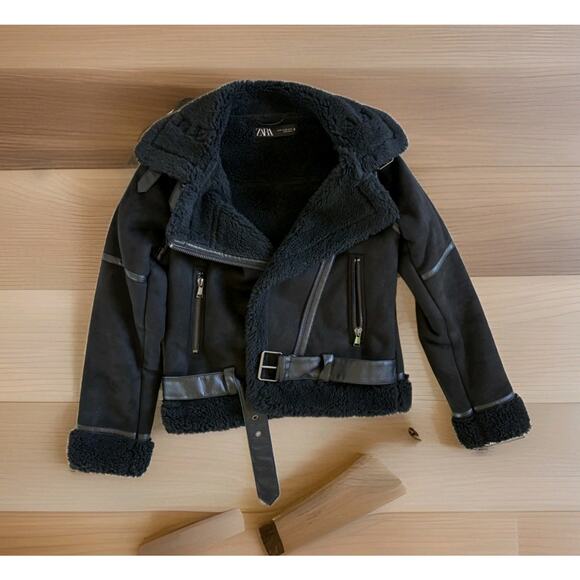 Zara Biker Moto Double Faced Jacket Faux Leather Shearling Black NOWT - Picture 7 of 8